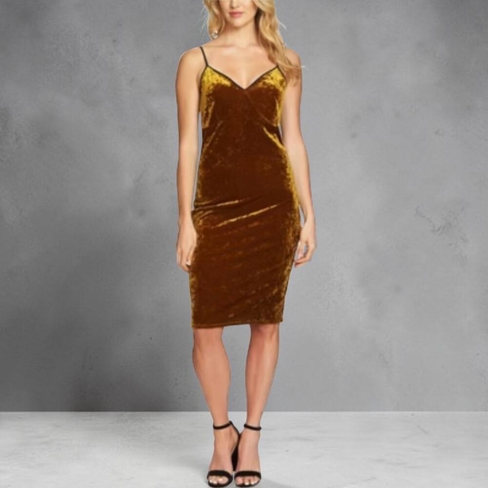 1 State Velvet Slip Dress XS Deep Gold Bodycon Minimalist Evening Glam Luxe